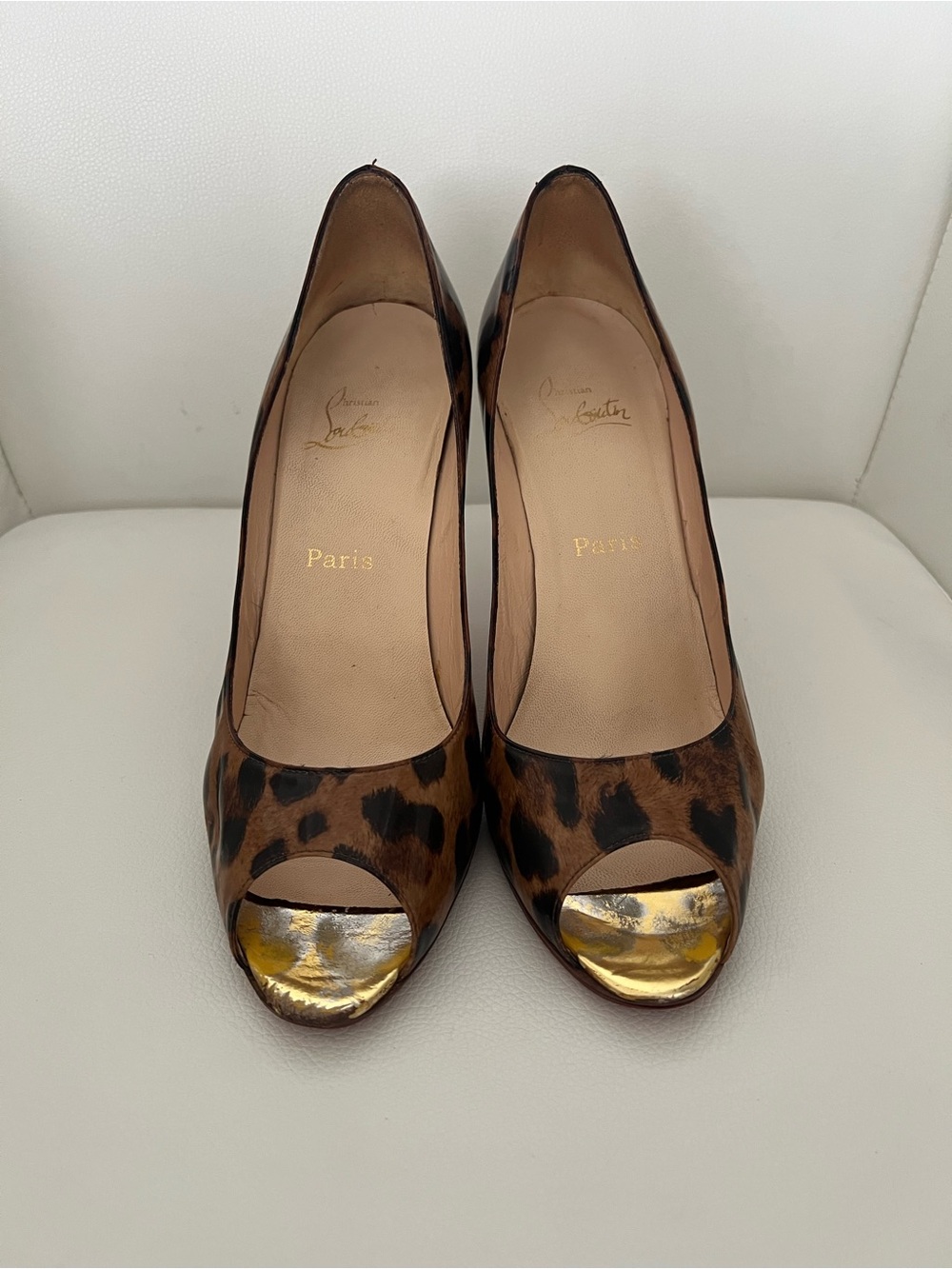 Christian Louboutin Leopard Print Peep-Toe Pumps with Gold Accent